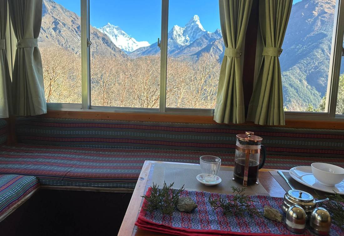 The dining room at our Kyangjuma Eco-Comfort Camp is the perfect place to enjoy a morning coffee, and a view of Ama Dablam |  <i>Sarah Higgins</i>