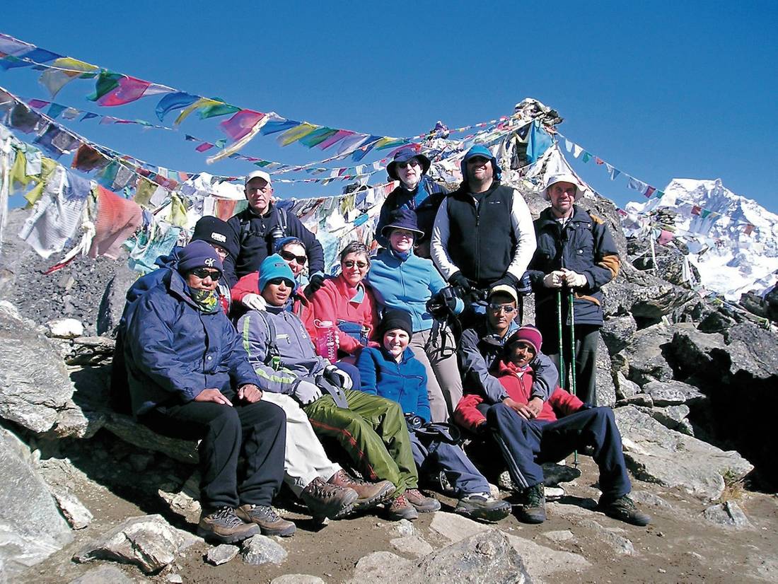 Trekkers & Sherpas on top of Gokyo Ri |  <i>Philip Bolam</i>