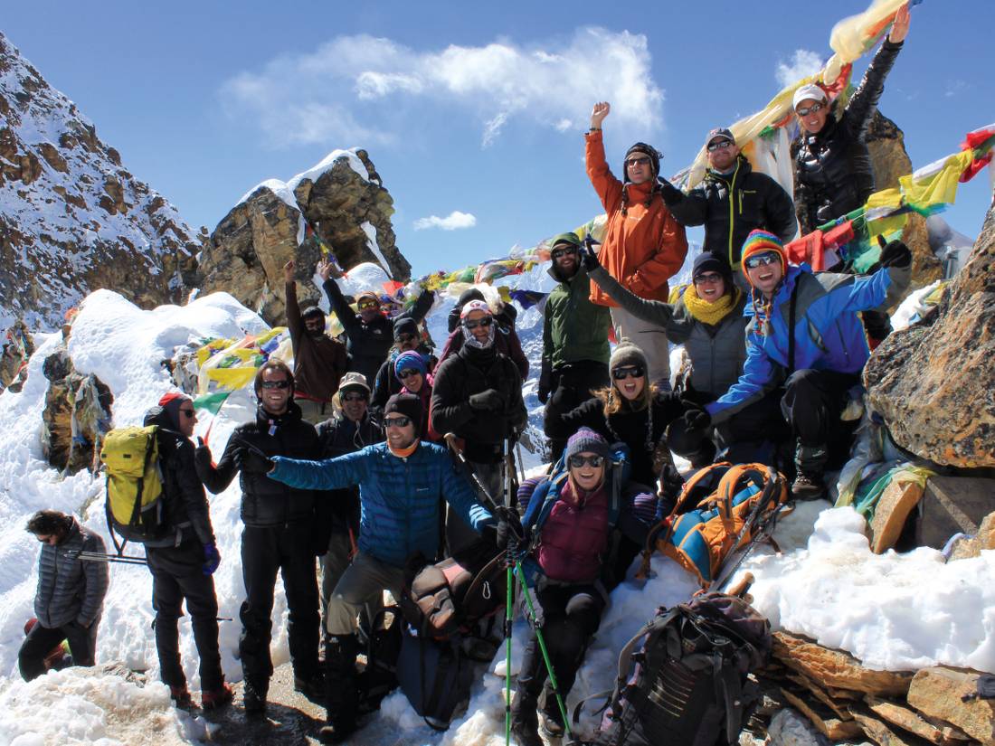 Happy group of trekkers atop of the Renjo La, Nepal |  <i>Scott Cardwell</i>