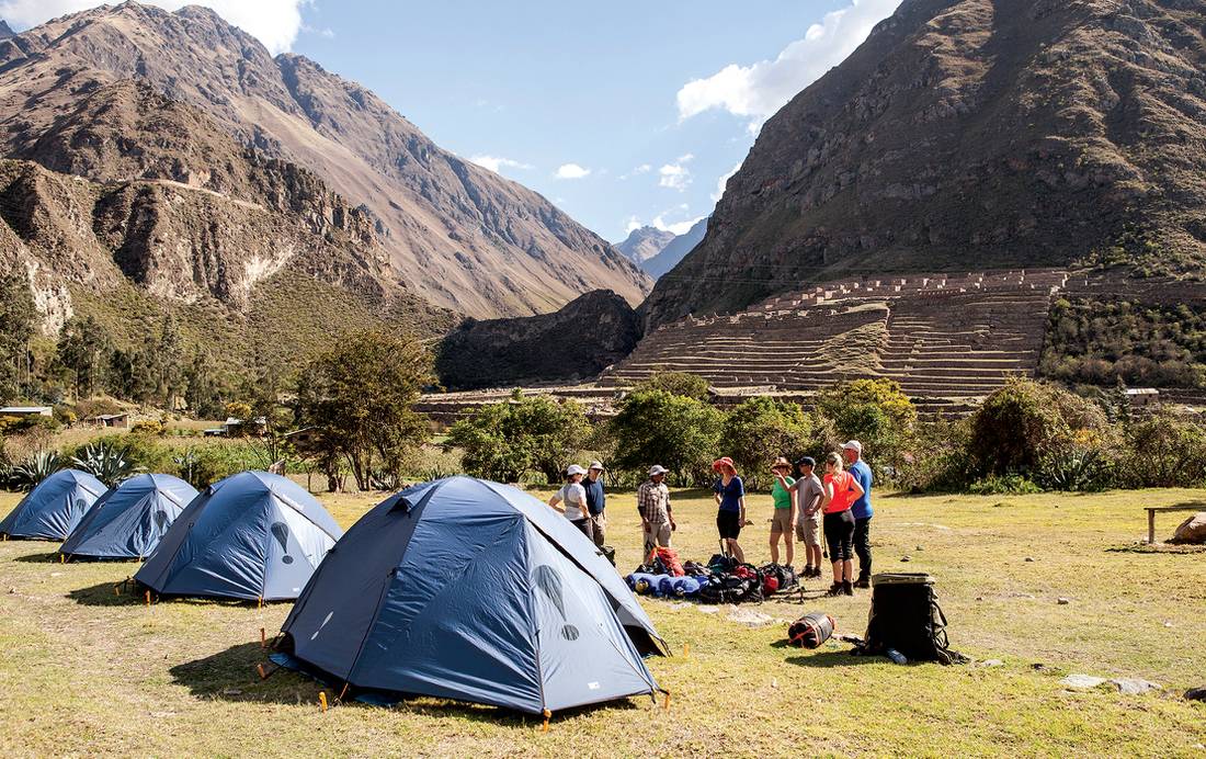 Blue skies over camp along the Inca Trail in Peru